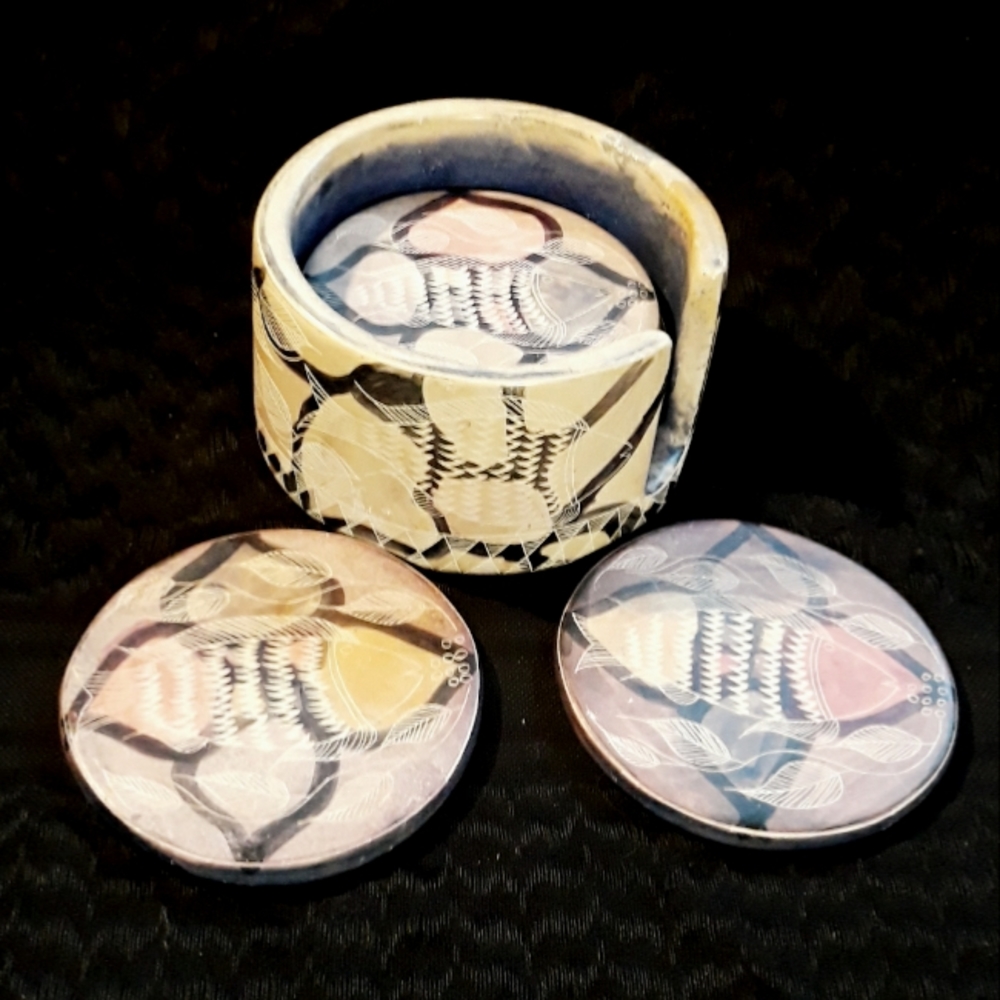 Vintage Besmo Hand Carved Fish Motif Stone Coaster Set - Made in Kenya